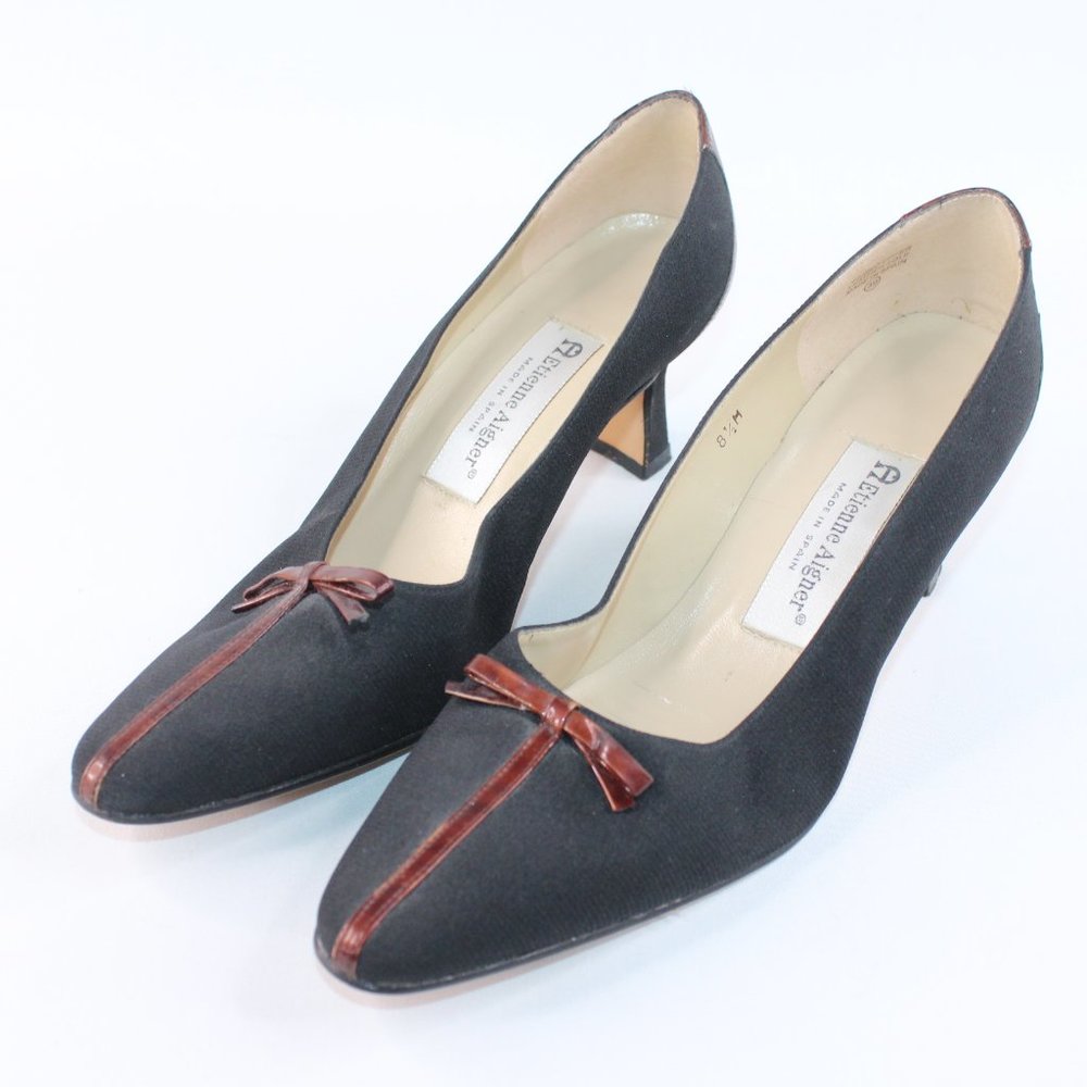 Etienne Aigner 'Bixby' Black Brown Bow Heels #123 - Picture 4 of 12